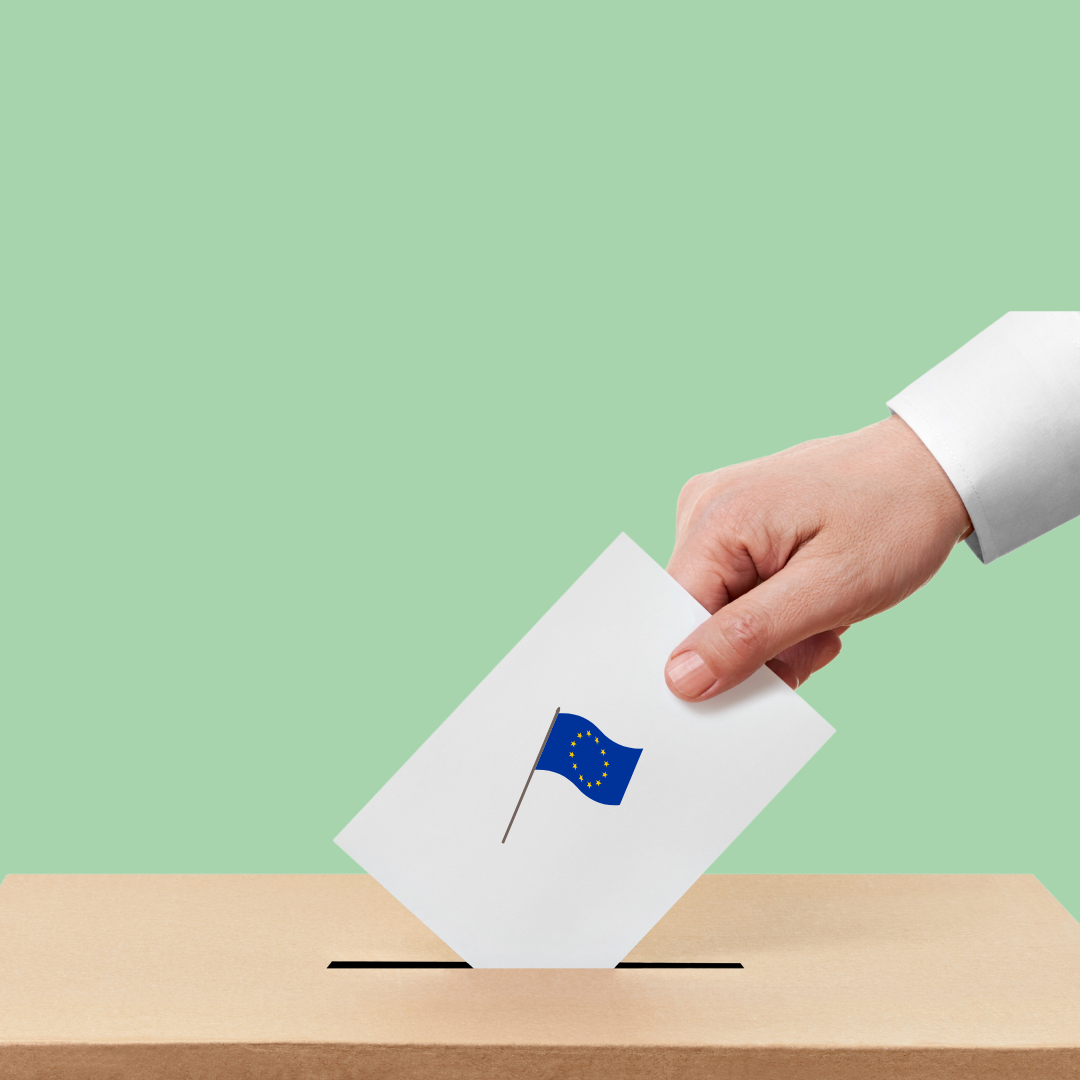 Un gros plan sur une main déposant un bulletin de vote dans une urne. Le drapeau de l'UE est visible sur le bulletin de vote.