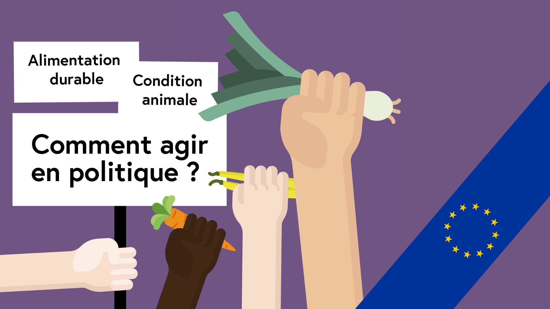 Affiche de l'AVF sur laquelle on peut lire : "Alimentation durable, Condition animale, Comment agir en politique ?".